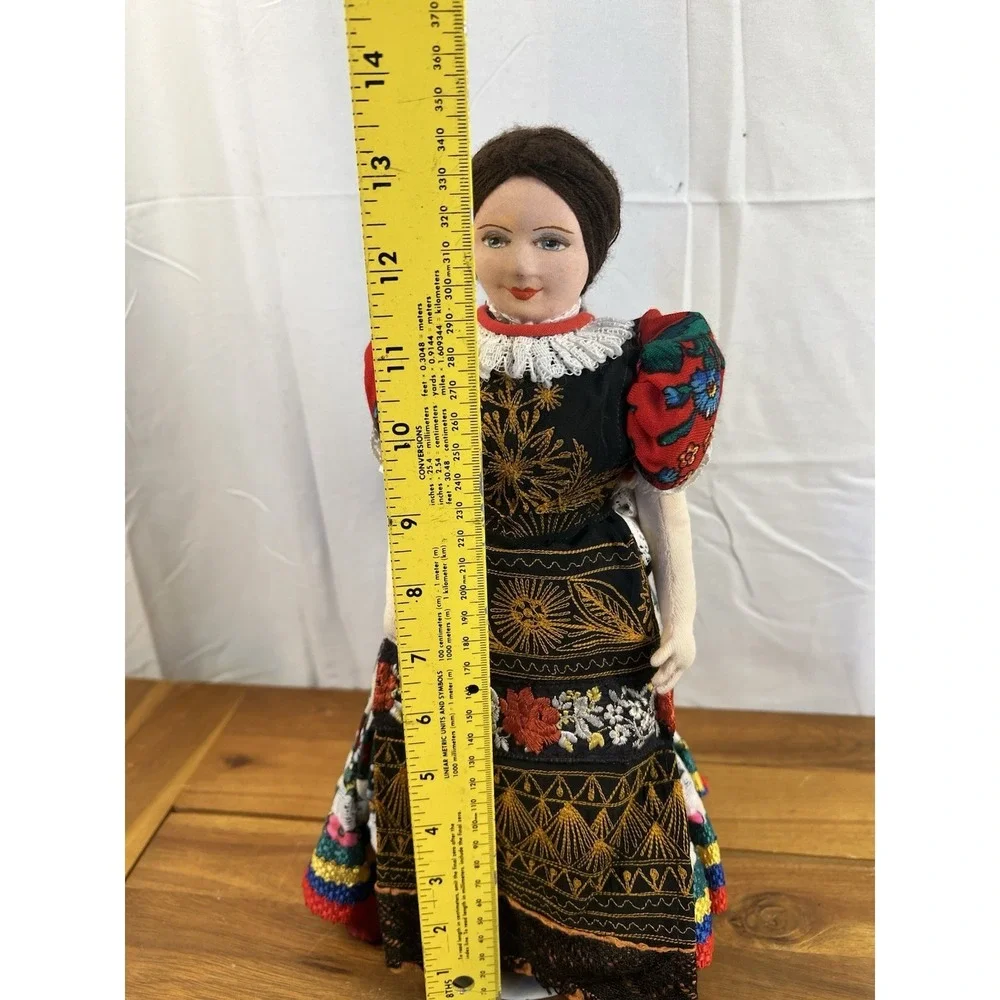 Vintage Hungarian Folk Art Doll Handmade in Traditional Dress on Kaiser Stand